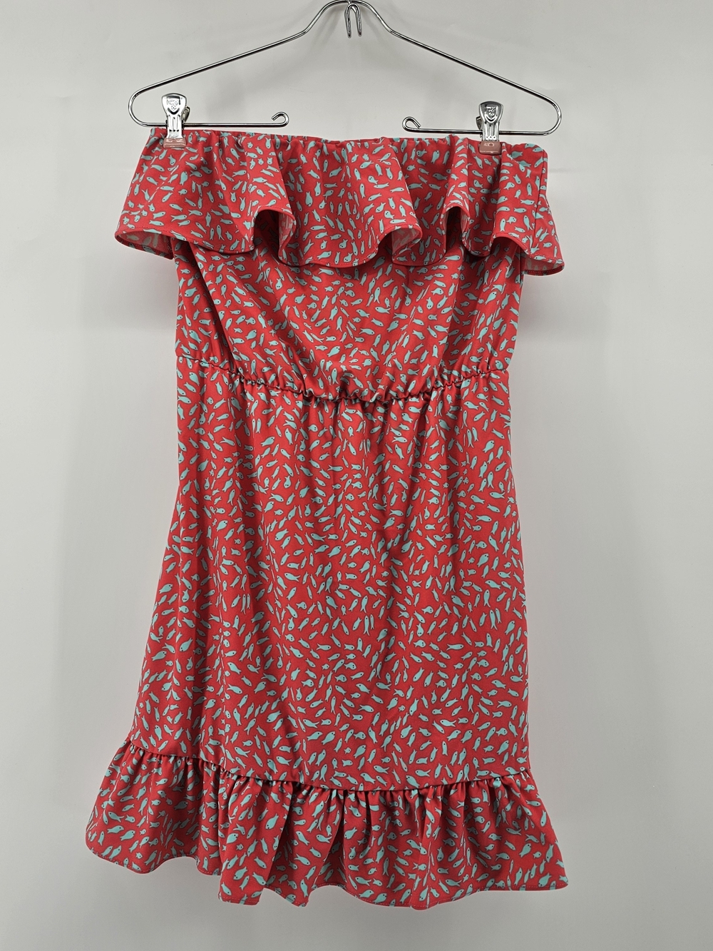 Britt Ryan Coastal Fish Print Strapless‎ Ruffled Dress S